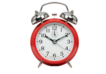 Isolated red alarm clock showing the time, antique style timepiece for morning wake-up calls