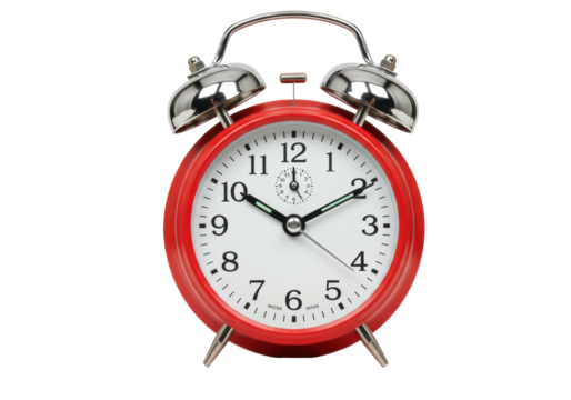 Isolated red alarm clock showing the time, antique style timepiece for morning wake-up calls