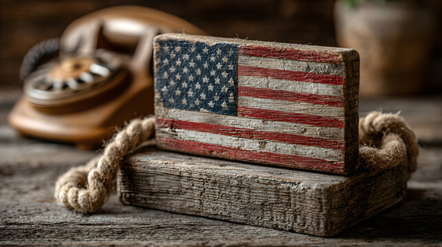 Patriotic Table Top Display with American Flag and Phone on Distressed Wood - Powered by Adobe