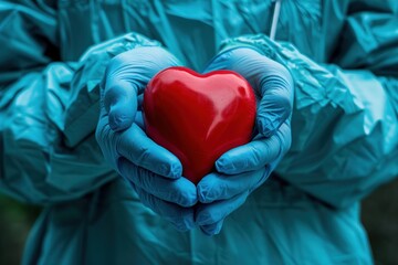 Doctor wearing blue surgical gloves holding a red heart, representing healthcare, love, and organ donation
