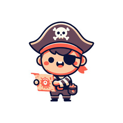 Playful cartoon pirate holding a treasure map, set against a simple, colorful background