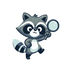 Playful cartoon raccoon character holding a magnifying glass, exploring a bright white background