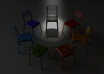 Highlighted Chair in Circle Under Spotlight on Dark Background