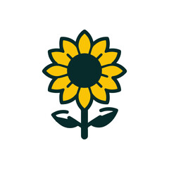 Vibrant sunflower illustration with bold yellow petals and green leaves on a white background