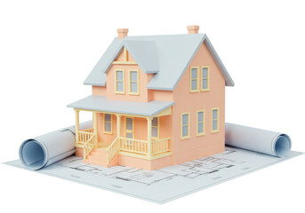 Isolated Peach-Colored House Model on Architectural Blueprint, Concept of Planning and Designing