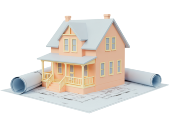 Isolated Peach-Colored House Model on Architectural Blueprint, Concept of Planning and Designing