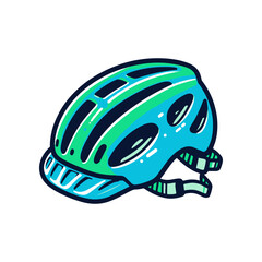 Vibrant blue cycling helmet with green accents, showcasing safety gear for cyclists in urban setting