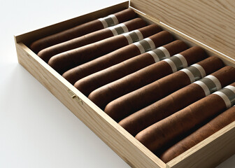 Wooden Box of Generic Unbranded Cigars on White Background