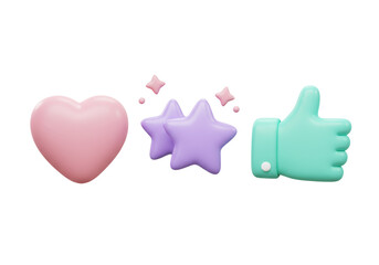 Isolated digital render of heart, stars and thumbs up symbol expressing positivity and approval