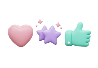 Isolated digital render of heart, stars and thumbs up symbol expressing positivity and approval