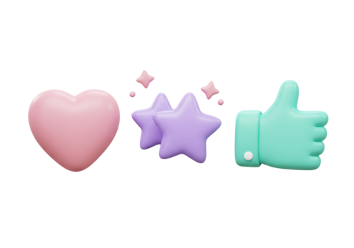 Isolated digital render of heart, stars and thumbs up symbol expressing positivity and approval