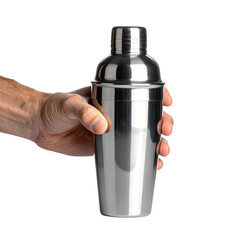 Hand Holding A Metallic Cocktail Shaker Reflecting Light isolated on transparent background. PNG die-cut for advertising