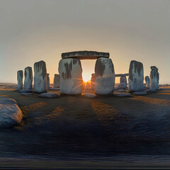 Sunrise casts ethereal light over ancient Stonehenge as shadows stretch across the ground in a serene landscape of historical significance