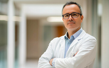 Healthcare professional stands confidently in a modern medical facility showcasing expertise and dedication to patient care during a bright afternoon