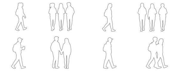 Architectural Drawings Outline Students Walking vector illustration,  front view, human person Minimal style hand drawn. Sections, Elevations, Floor Plans