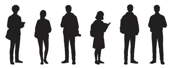 Architectural Drawings Silhouette Students Standing vector illustration,  front view, human person Minimal style hand drawn. Sections, Elevations, Floor Plans