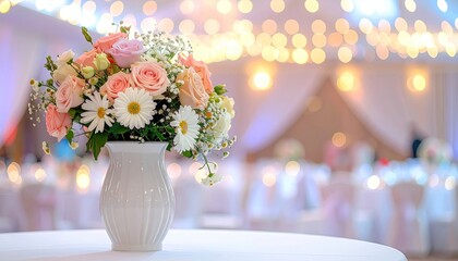 A white vase of pastel roses, daisies, and baby's breath sits on a small table, softly lit by a blurred background of a wedding reception