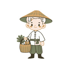 Young boy in traditional attire holding a basket of fresh vegetables, smiling cheerfully