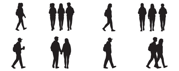 Architectural Drawings Silhouettte Students Walking vector illustration,  front view, human person Minimal style hand drawn. Sections, Elevations, Floor Plans