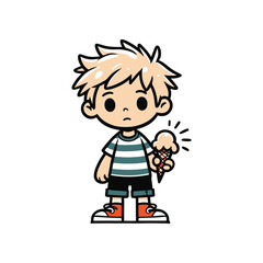 Young boy with blonde hair holding an ice cream cone, looking disappointed in a simple background