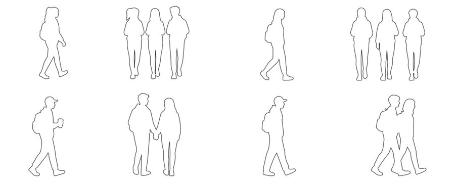 Architectural Drawings Outline Students Walking vector illustration,  front view, human person Minimal style hand drawn. Sections, Elevations, Floor Plans
