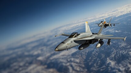 Deux chasseurs militaires F-18 volant en formation au-dessus des nuages