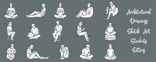 Architectural Drawings Sketch Art Students Sitting with different pose vector illustration,  front view, human person Minimal style hand drawn. Sections, Elevations, Floor Plans