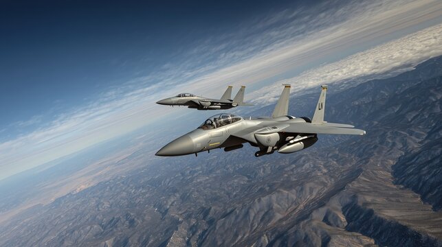 Deux avions de chasse militaires F-15 volant en formation au-dessus des