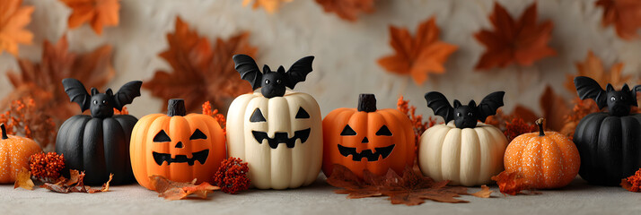 Pretty Cute Orange and Black Jack O Lanterns with Bats on Ivory Background with Autumn Leaves Background for Halloween
