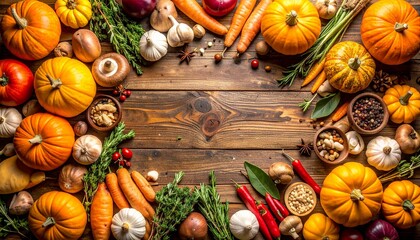 秋の食材、かぼちゃとにんじん、ウッドテーブルの野菜、スパイスとハーブ、季節の恵み、オーガニック野菜、ナチュラルフードの背景、ヘルシーな食材、秋の収穫祭、カラフルな野菜の盛り合わせ、自然派の暮らし、秋の料理イメージ、家庭菜園の収穫、秋野菜のテーブルコーディネート、木の背景と野菜
