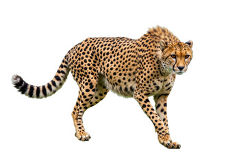 Isolated cheetah walking forward looking at camera, beautiful animal in natural light