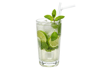 Isolated mojito drink with limes, mint, ice, and a straw, refreshing summer beverage