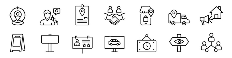 Local Marketing and Signage Line Icons – Geotarget, Storefront, Delivery, Billboard Vector Set