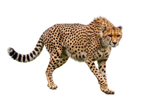 Isolated cheetah walking forward looking at camera, beautiful animal in natural light