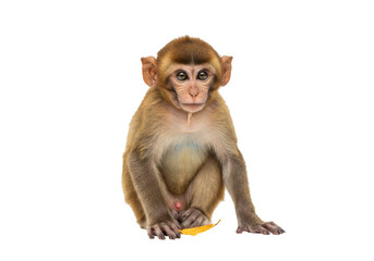 Isolated young Macaque monkey sitting still with a small yellow leaf in front of its paws