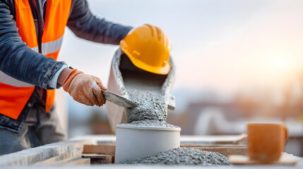 a construction worker pours wet cement into a container, ready to complete a project