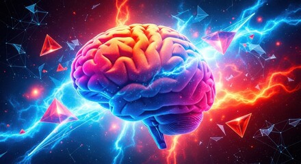 Human brain with lightning and geometric shapes around