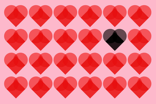 Geometric heart pattern with one black heart symbolizing uniqueness