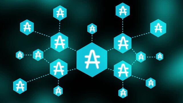 Network of Hexagons with Argentinian Peso Symbol in Teal and Black Background connection communication