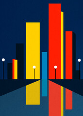 Modern colorful cityscape illustration with reflections at night