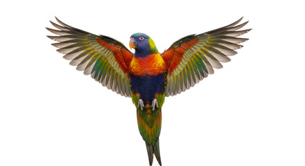 Obraz premium Rainbow lorikeet flying wings spread isolated on white background colorful bird parrot exotic avian wildlife