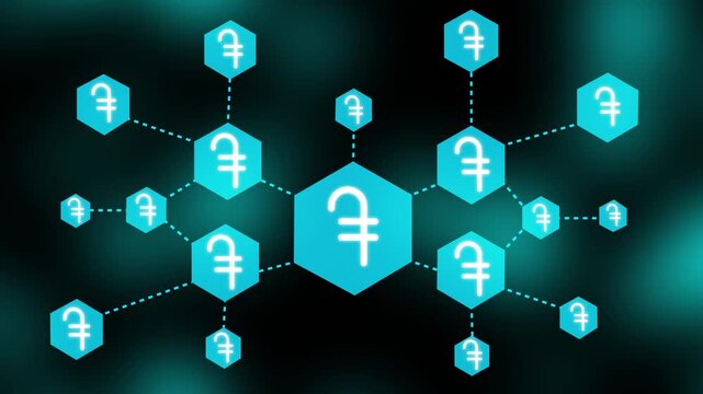 Network of Hexagons with Hungarian Forint Symbol in Teal and Black Background connection communication