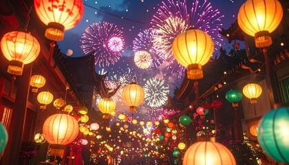 A festive evening street scene with glowing lanterns and colorful fireworks illuminating the night sky