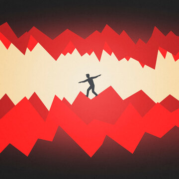 Man balancing on jagged red cave shapes in abstract illustration