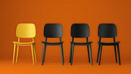 A single yellow chair stands out among three black chairs against an orange backdrop