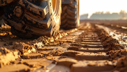Close-up of muddy tire treads on a freshly tilled, reddish-brown field at sunset