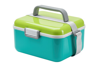 Isolated lunch box food container with carry strap for school, travel, or picnics, studio shot