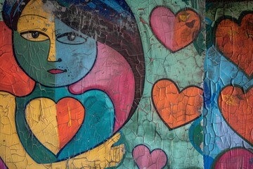 Vibrant street art featuring a woman holding a heart, with a cracked paint effect adding texture and depth