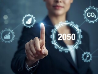 Businesswoman interacts with futuristic holographic display showing sustainability goals for 2050