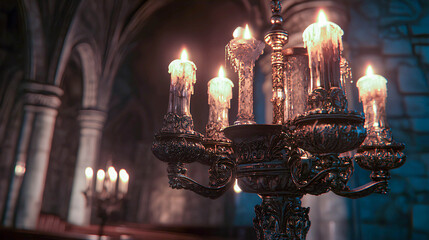 Obraz premium Candlelit setting in a gothic architectural space, capturing the warmth and elegance of flickering lights through ornate candle holders against stone walls